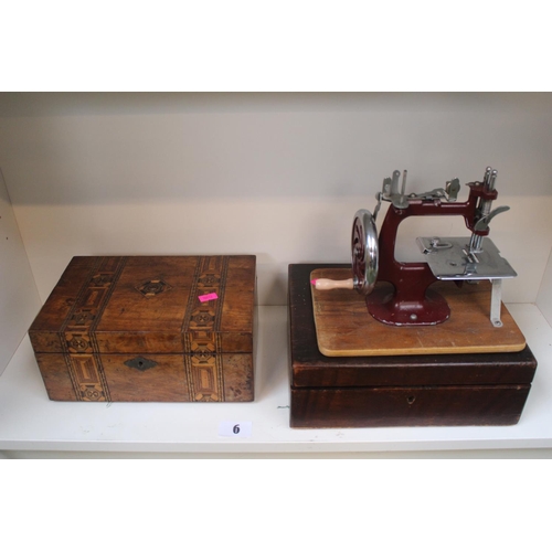 6 - Edwardian Inlaid walnut sewing box, another box and a Childs sewing machine