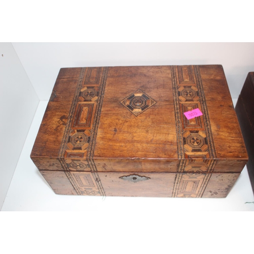 6 - Edwardian Inlaid walnut sewing box, another box and a Childs sewing machine