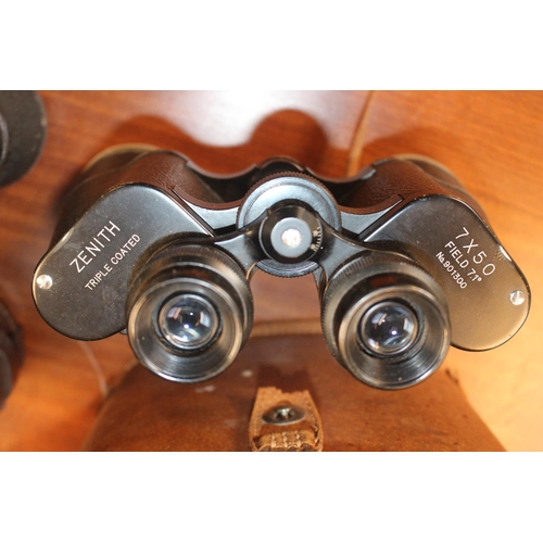 9 - Leather cased set of Dienstglas 7 x 50 bmk binoculars and a Pair of Zenith Binoculars