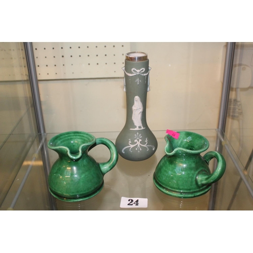 24 - Pair of Ewenny Pottery of Wales green glazed jugs and a Silver topped Jasperware posy vase