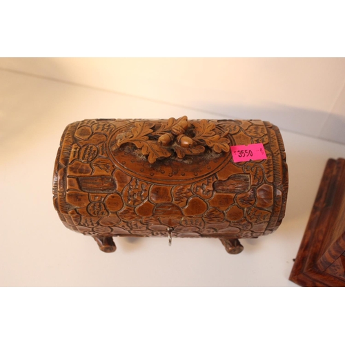 4 - Birds Eye Maple Domed 4 drawer jewellery box and a carved Black Forest cylinder box with Acorn Leaf ... 