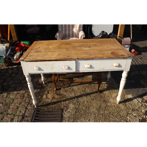 403 - Georgian Pine plank topped kitchen table and a seagrass seated stool