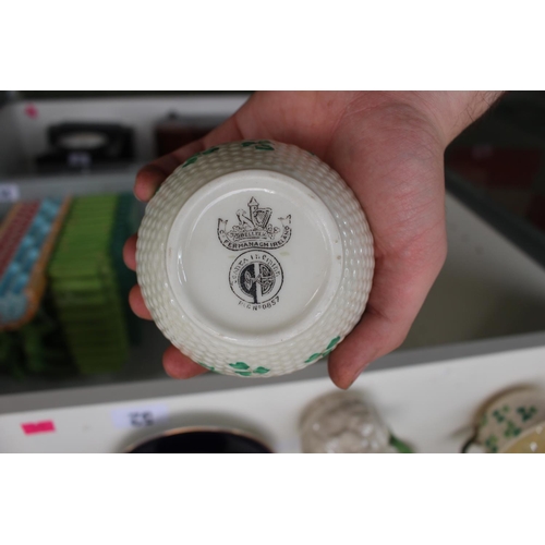 52 - Collection of Belleek Shamrock pattern tea ware and Russian Blue underglaze gilded trio and a Colbal... 