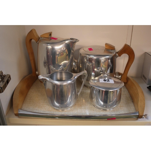 62 - Piquot ware retro tray with Teapot, Water jug, cream jug and sucrier