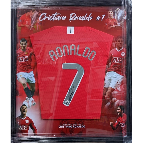 100 - Christiano Ronaldo Man United & Shirt signed. COA from HTC Memorabilia item 3071. 73 x 83cm