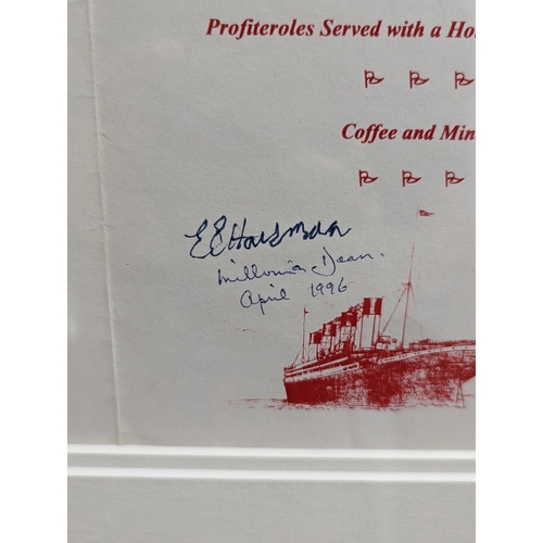 102 - Titanic Reproduction Menu signed by  Titantic Survivor Millvina Dean & Edward Hardman. COA to revers... 