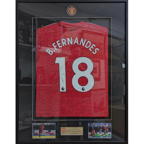 64 - Signed Bruno Fernandes Manchester United Framed Match Worn Shirt and Photos (07-11-2020 Everton vs M... 