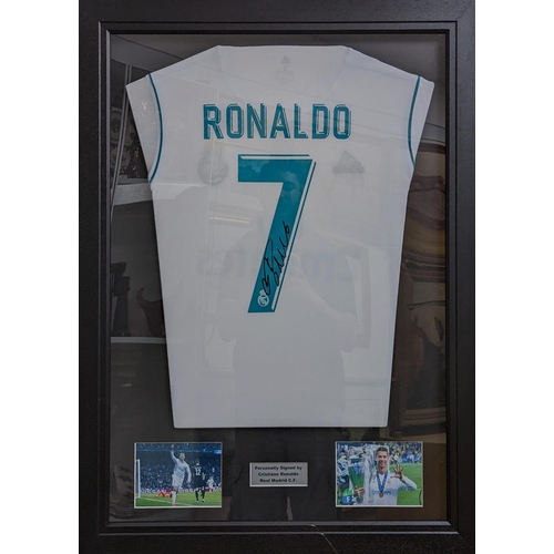 65 - Personally signed by Cristiano Ronaldo Real Madrid CF Framed Shirt and Photos. 70 x 90cm total size ... 