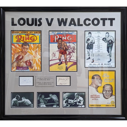 72 - Framed Joe Louis and Jersey Joe Walcott authentic cut signatures. 2 x original ring magazines and ph... 