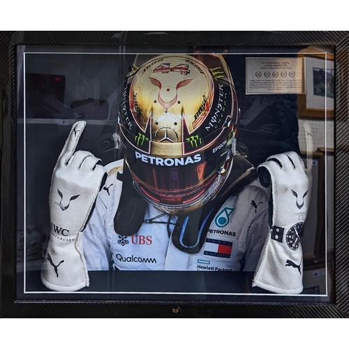 75 - Lewis Hamilton 2018 Season Race Used Gloves. COA to reverse Elite Exclusives. 58 x 49cm total size