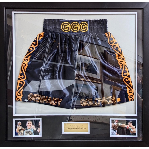 76 - Gennady GGG Golovkin signed and framed blue boxing trunks. 85 x 82cm total size (#)