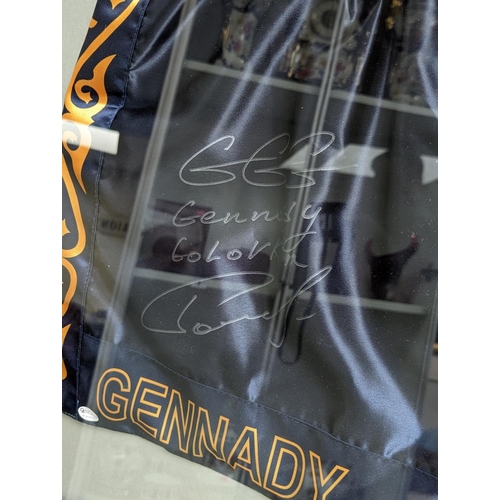 76 - Gennady GGG Golovkin signed and framed blue boxing trunks. 85 x 82cm total size (#)