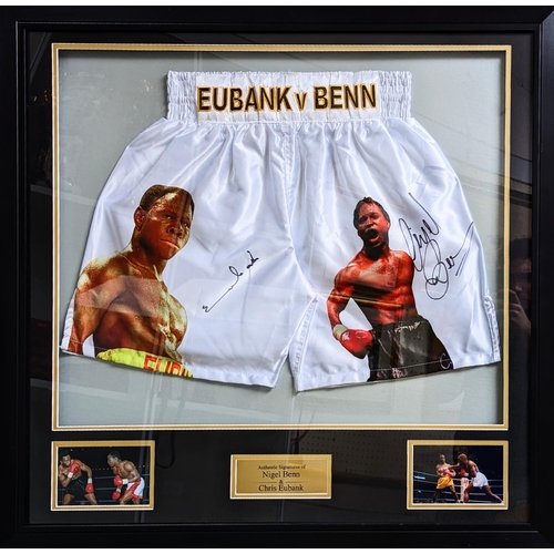 77 - Chris Eubank vs Nigel Benn signed shorts Framed. 86 x 83cm