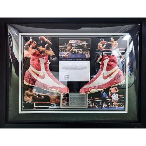 86 - Authentic and original fight worn boxing boots signed and worn by Manny Pacquiao in his fight agains... 