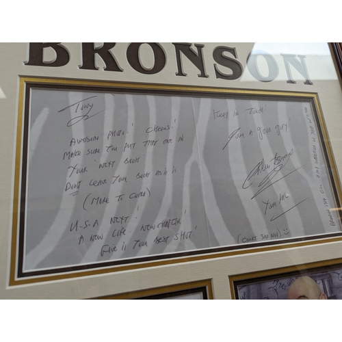 95 - Charles Bronson handwritten message and artwork. COA to reverse 4493372. 53 x 63cm total size