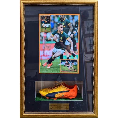 97 - Jesse Kriel Test match worn rugby Boot hand signed photograph presentation worn boot. 84 x 60cm tota... 