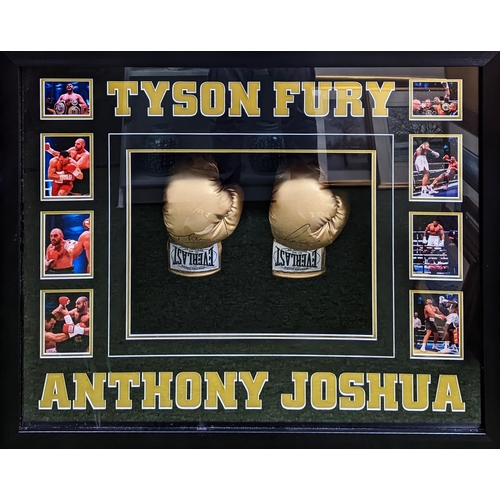 98 - Tyson Fury Gypsy king and Anthony Joshua signed glove presentation piece. 98 x 83cm total size