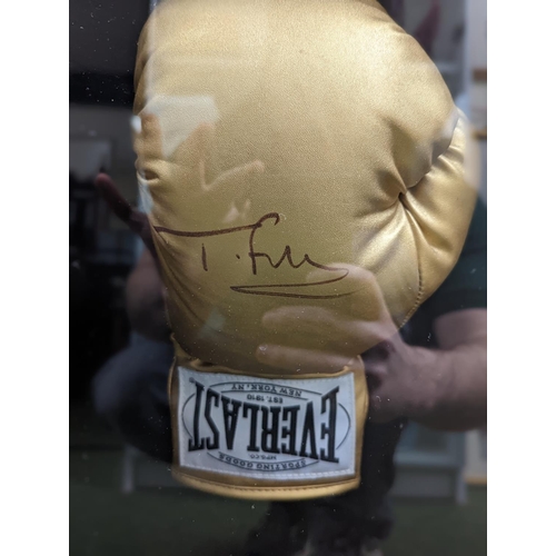 98 - Tyson Fury Gypsy king and Anthony Joshua signed glove presentation piece. 98 x 83cm total size