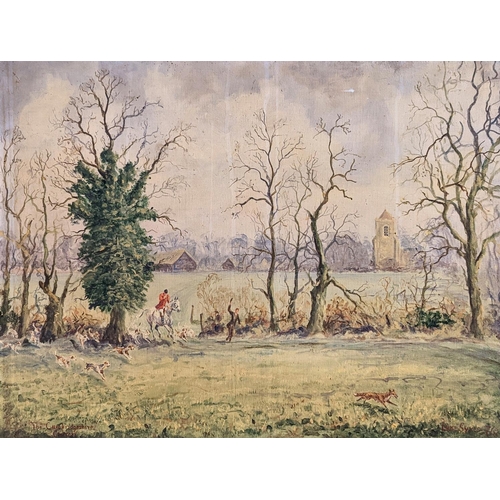 146 - Oil on canvas of fox hunt entitled “The Cambridgeshire Caxton” by Luke Sykes signed & dated 1976.  7... 