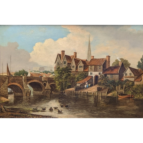 158 - Henry Bright (1810 – 1873) British. Oil on canvas of a town river scene. In gilt gesso frame. 67 x 4... 