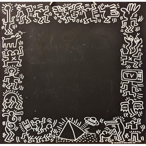 163 - Keith Haring (1959-1990) hanging black board decorated with his iconic pop art stick figures from th... 