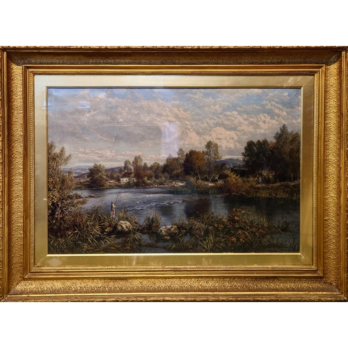 169 - George William Mote (1832-1909) Large Gesso framed watercolour of Salmon fishing on the Wye. Signed ... 