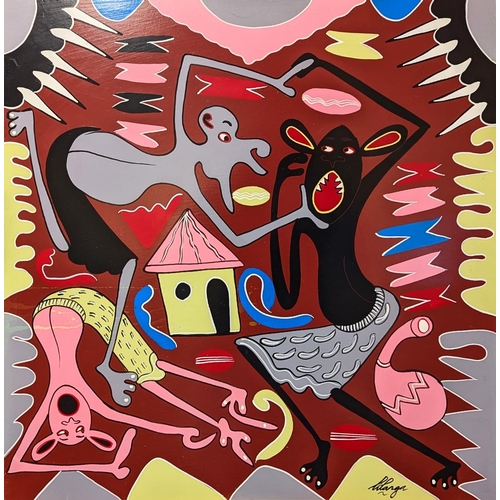 172 - George Lilanga (Tanzanian 1934-2005). Large African oil on board entitled “Mimi Ni Doctor Wa Zamani ... 