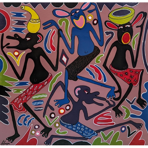 174 - George Lilanga (Tanzanian 1934-2005) Large African oil on board entitled “Nenda Na” by George Lilang... 