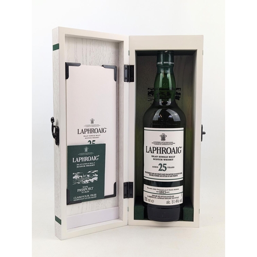 194 - Laphroaig Islay Single Malt Scotch Whisky Aged 25 Years in White wooden presentation box and booklet... 