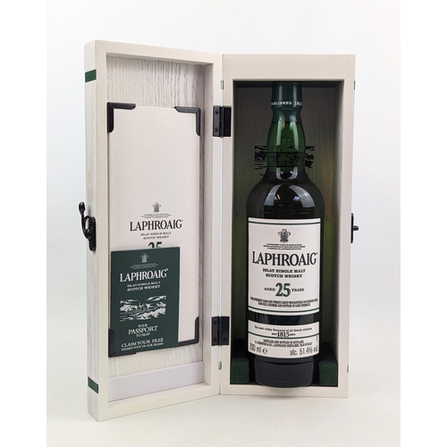 195 - Laphroaig Islay Single Malt Scotch Whisky Aged 25 Years in White wooden presentation box and booklet... 