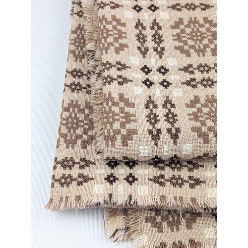 205 - Vintage woollen Welsh tapestry Beige and brown fringed edge blanket with traditional Caernarfon desi... 