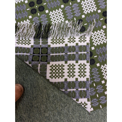 222 - Vintage woollen Welsh tapestry Green White & Black fringed edge blanket with traditional Caernarfon ... 