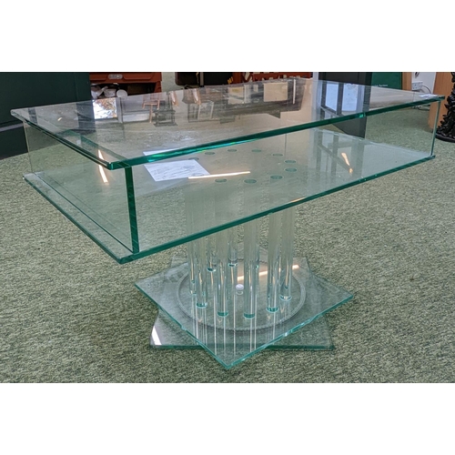 223 - Art Deco Style Green Apple glass revolving table with shelf to under tier and revolving column base.... 