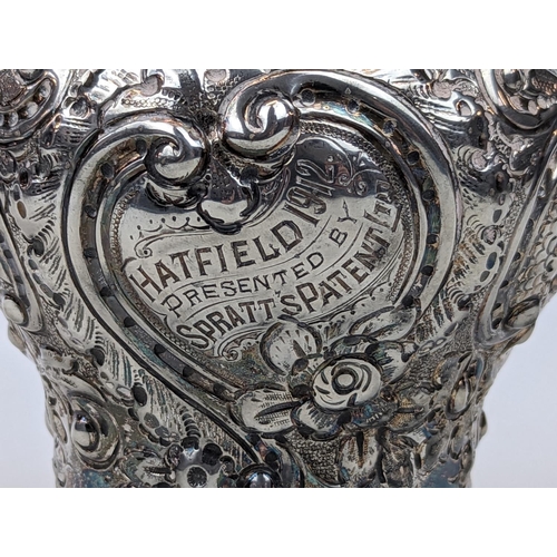 232 - Interesting Spratts Patent Ltd Hatfield 1912 Silver plated presentation foliate decorated J H Potter... 