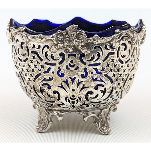 233 - Silver pierced basket on scroll feet with blue glass liner Thomas of New Bond Street by F B Thomas &... 