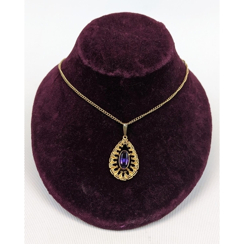 253 - Ladies 20thC 9ct Oval gold mounted Faceted Amethyst on yellow metal chain. 1.4cm x 0.7cm. 11.5g tota... 