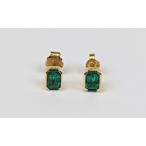 255 - Pair of 18ct Columbian Emerald facet Cut earrings with half bezel setting 1.50ct total with Certifie... 