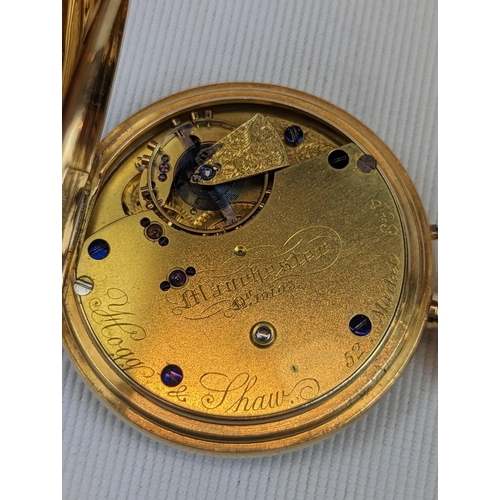 265 - Hogg & Shaw of 52 Market Street, Manchester 18ct Gold Pocket watch with roman numeral dial 115g tota... 