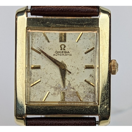 278 - Swiss made Omega dress watch with Art Deco stylings, in square tank form, rolled gold case. on Leath... 