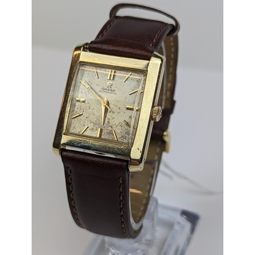 278 - Swiss made Omega dress watch with Art Deco stylings, in square tank form, rolled gold case. on Leath... 