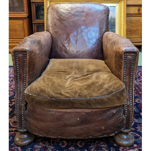 227 - Late Victorian, French leather club chair on bun feet with original velour seat and nice patina and ... 