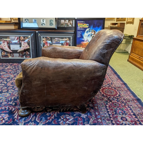 227 - Late Victorian, French leather club chair on bun feet with original velour seat and nice patina and ... 