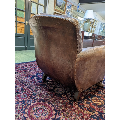 227 - Late Victorian, French leather club chair on bun feet with original velour seat and nice patina and ... 