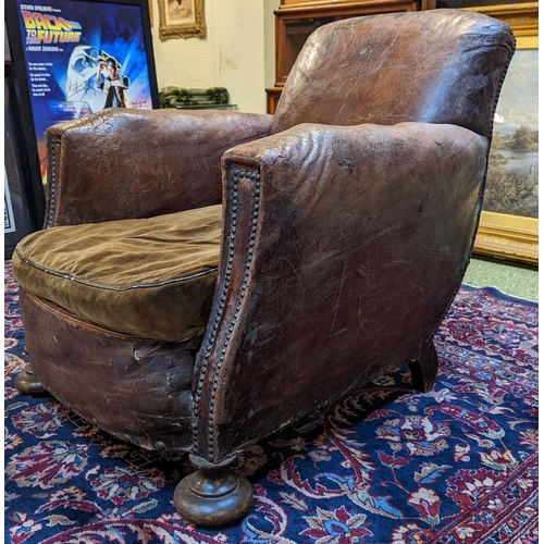 227 - Late Victorian, French leather club chair on bun feet with original velour seat and nice patina and ... 