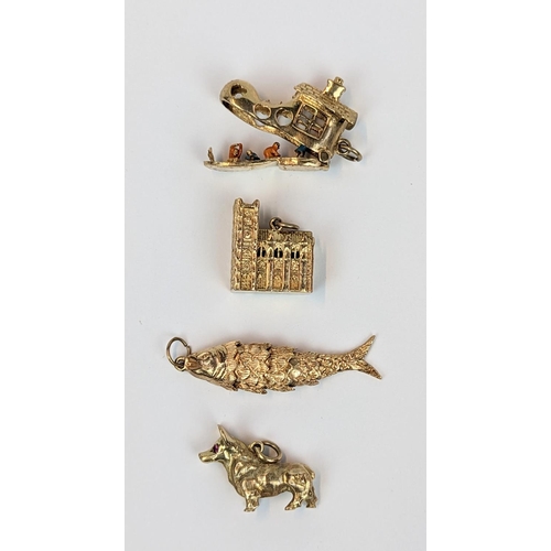 243 - Collection of 4 x 9ct Gold Charms to include Cathedral, Corgi, Articulated fish and an Old Lady and ... 