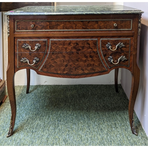 291 - A Louis XV style French inlaid mahogany and Marble chest of 3 drawers with applied foliate handles a... 