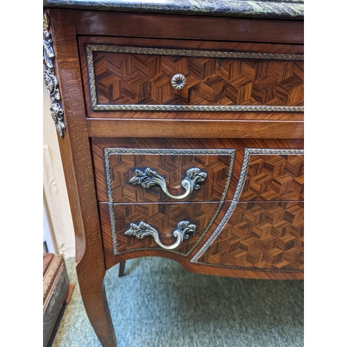 291 - A Louis XV style French inlaid mahogany and Marble chest of 3 drawers with applied foliate handles a... 