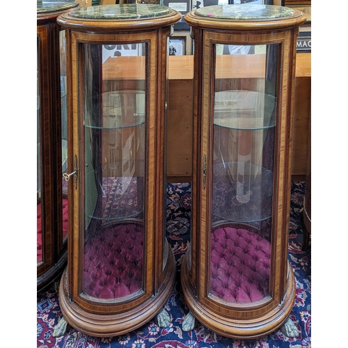 294 - Pair of Louis XV style French inlaid mahogany and Marble Cylindrical Vitrines on paw feet 114cm in H... 