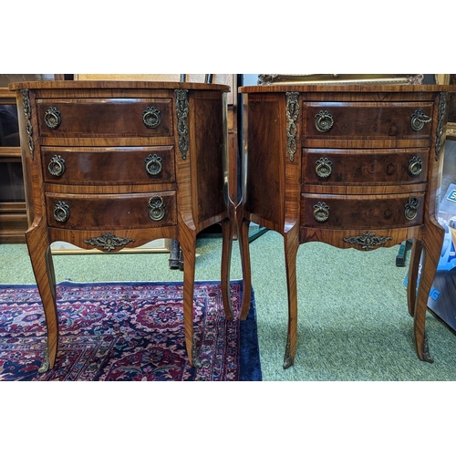 296 - Pair of Louis XV style French inlaid mahogany and Walnut Demilune chests on long slender legs, 65cm ... 