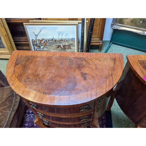 296 - Pair of Louis XV style French inlaid mahogany and Walnut Demilune chests on long slender legs, 65cm ... 